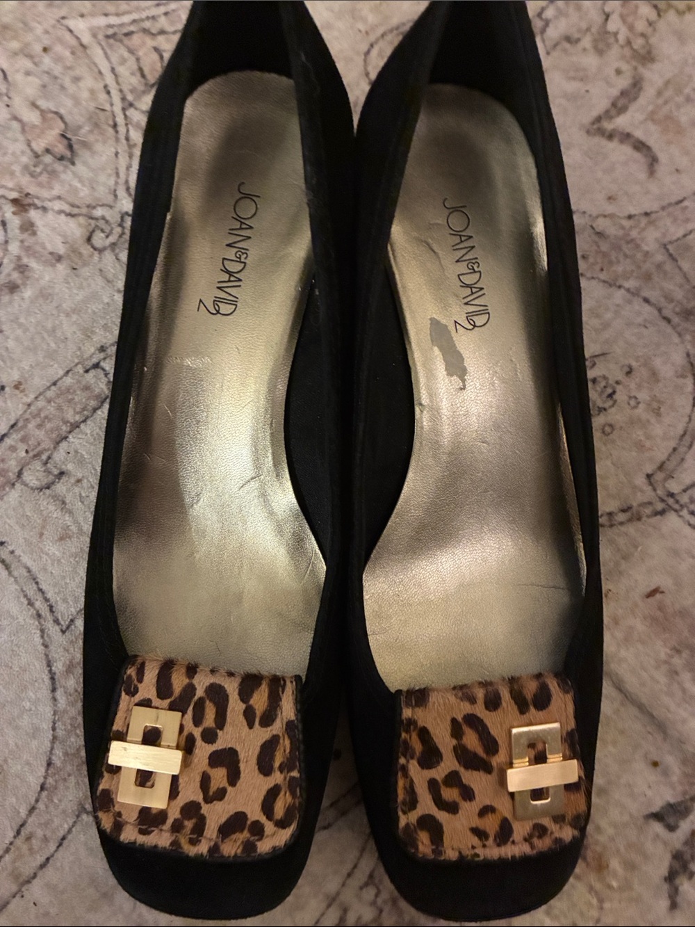 Joan & David Vintage Black Suede Wedge Pumps with Calf Hair Leopard Accent 8